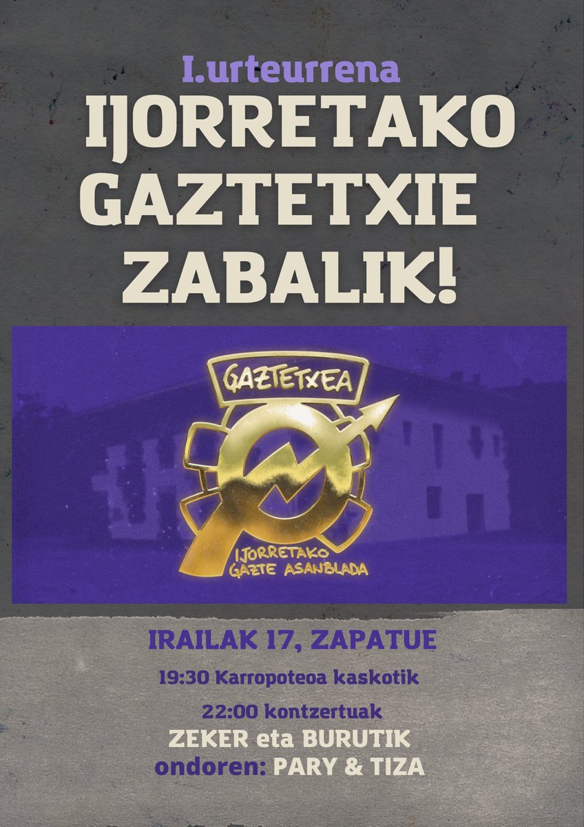 ijorretakoGA's tweet photo. Badator gaztetxien l. urteurrena🔥

IRAILAK 17ak gurien eukikoguz:
Zeker, Elorrixotik
Buruti , Iruñatik
Pary &amp; Tiza, Zornotzatik

bazatoz?😘 https://t.co/XgKIOSzr46