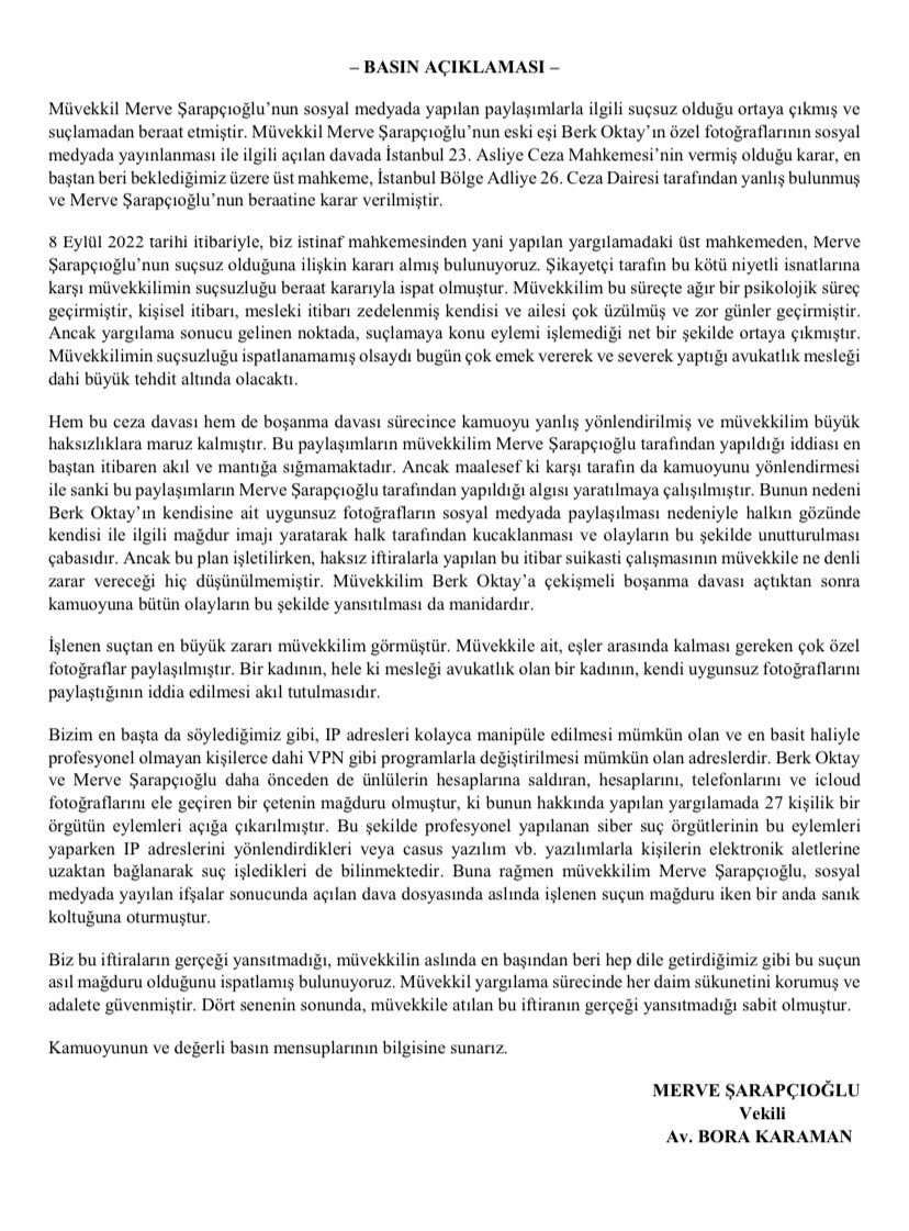 Müvekillim Merve Şarapçıoğlu hakkında 8 Eylül 2022 tarihinde beraat kararı verilmiş olup konu ile ilgili basın açıklamamızı kamuoyuna ve değerli basın mensuplarına sunarız. 

#merveşarapçıoğlu <a href="/msarapcioglu/">Merve Şarapçıoğlu İpek</a> <a href="/Vatan/">Vatan</a> <a href="/tvgazetesi/">Televizyon Gazetesi</a> <a href="/ntv_yasam/">N-Life</a> <a href="/magazinkolikcom/">Nurcan Sabur</a> <a href="/medyafaresi/">Medyafaresi.com</a> <a href="/PostaMgzn/">Posta Magazin</a>