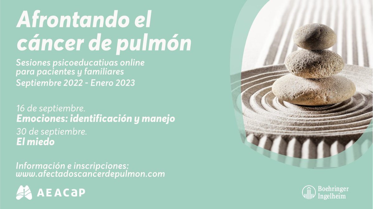 🔵 @AEACaP inicia el taller 'Afrontando el #cáncerdepulmón', un proyecto de apoyo destinado a #pacientes y familiares 👩‍🔬 Impartido por @Fatima_Cast y Ana García-Conde ✅ 10 sesiones virtuales psicoeducativas 🗓️ 16 y 30 septiembre 🕓 16h ➡️¡Inscríbete! bit.ly/AEACaPTallerAf…