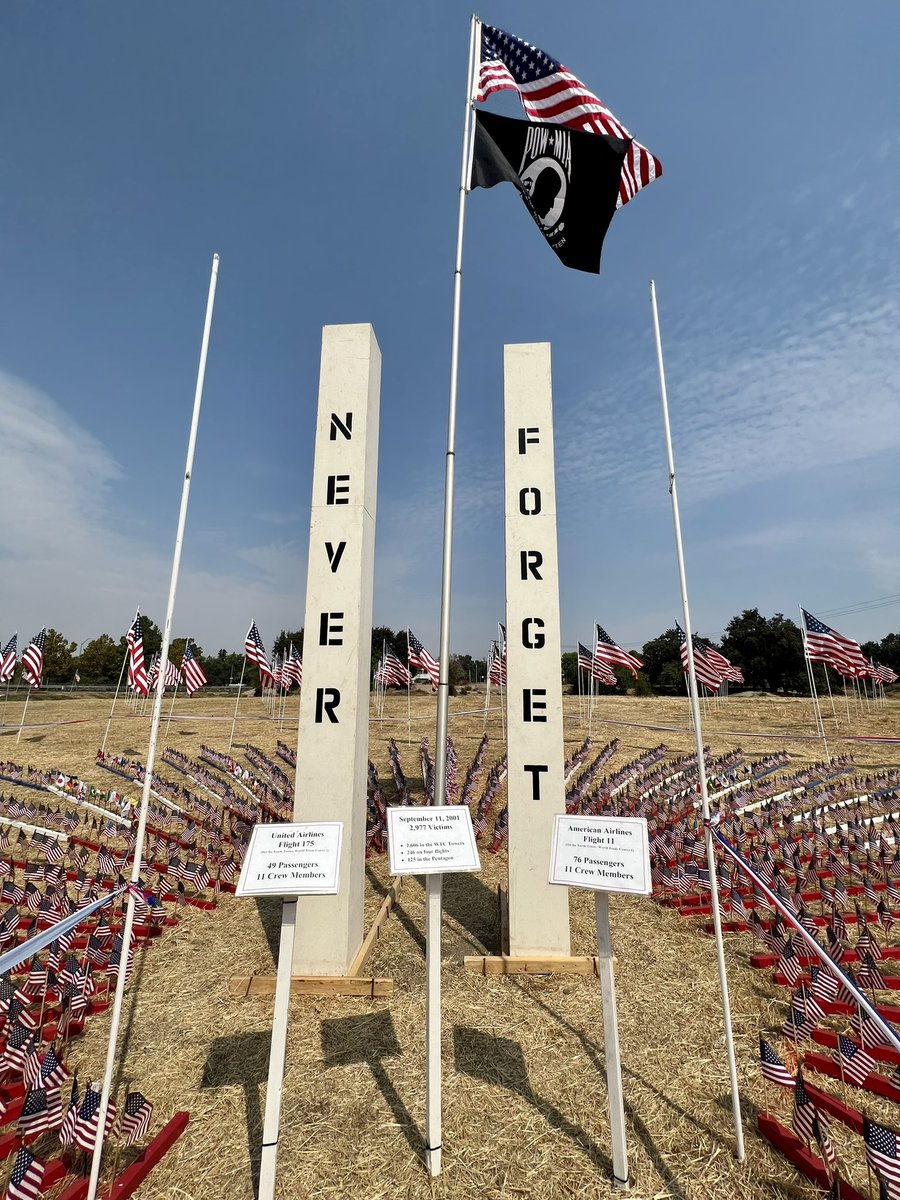 cityofwestsac's tweet photo. Today, we take a moment to remember all those affected by 9/11. 

The West Sacramento 9/11 Memorial Flag Tribute will be up through the rest of today for anyone who wishes to visit. #NeverForget https://t.co/RiksRMUgTN