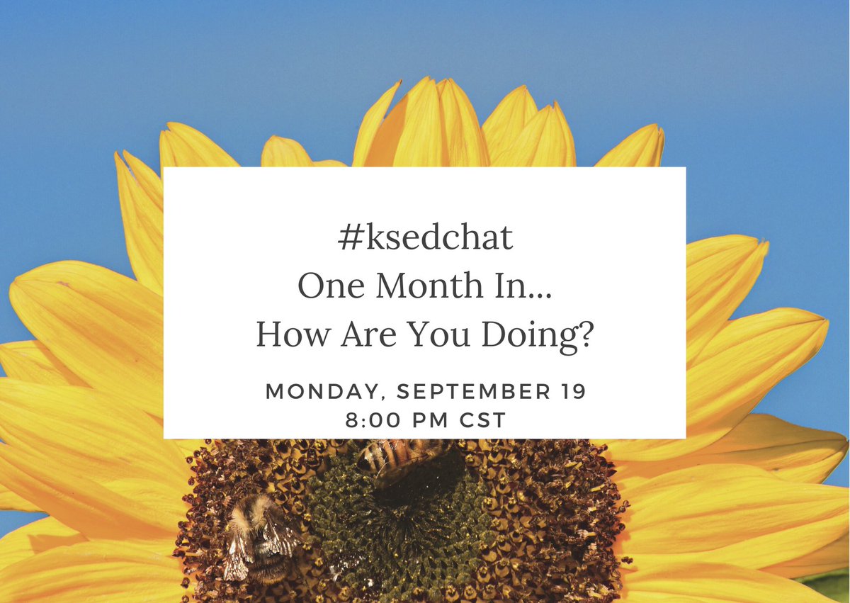#ksedchat is back next week!

Join us on Monday, September 19 at 8:00 pm to check in with the #ksedchat community and see how everyone is doing after this first month of school!

Help spread the word with a like and RT!

#KansasLEADS