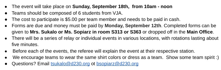 One of the best weeks of the year is almost here: Homecoming week! To kick it off <a href="/AndrewStuCo/">VJA StuCo</a> is hosting their annual Olympics. Get a team of 5-6 together and have some fun! Forms and money are due TOMORROW at 3pm. Hope to see you there! ⚡️<a href="/AndrewHS_d230/">Victor J. Andrew High School</a> <a href="/AbirOthman/">Dr. Abir Othman</a> <a href="/tboltstorm/">T-Bolt Storm</a>