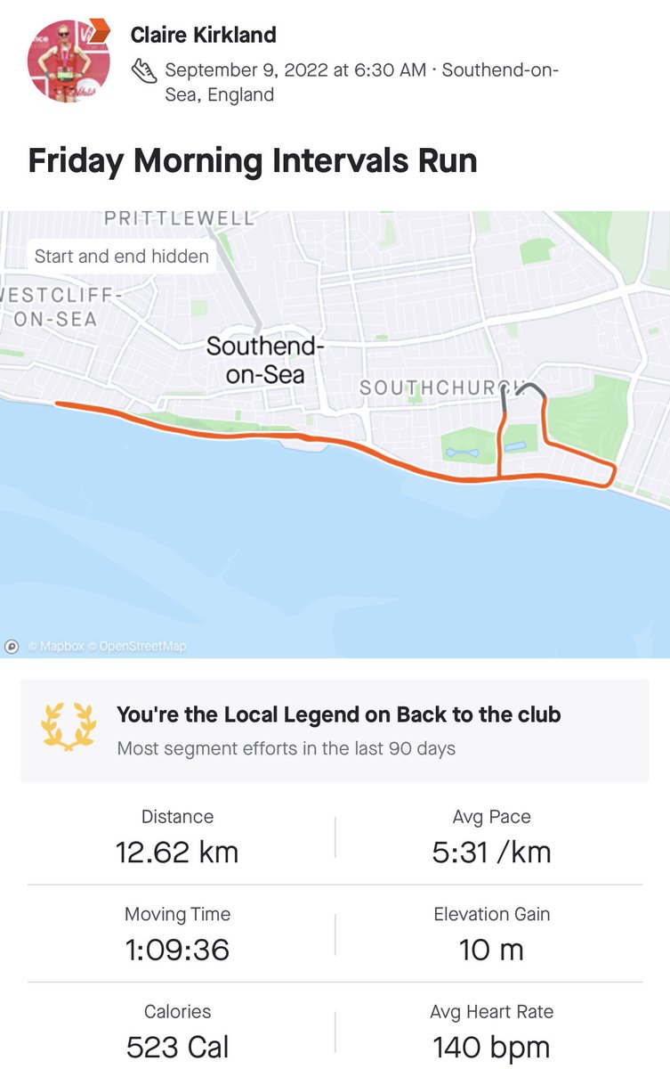 cK_Kirkland's tweet photo. Late in posting as not stopped but Friday morningβs run saw me take on an intervals session ππΌββοΈ really pleased I was able to maintain a consistent pace for each rep - really enjoyed this session βΊοΈ #ukrunchat #running #Southend #intervals #effortsession https://t.co/N97kwAV0RX