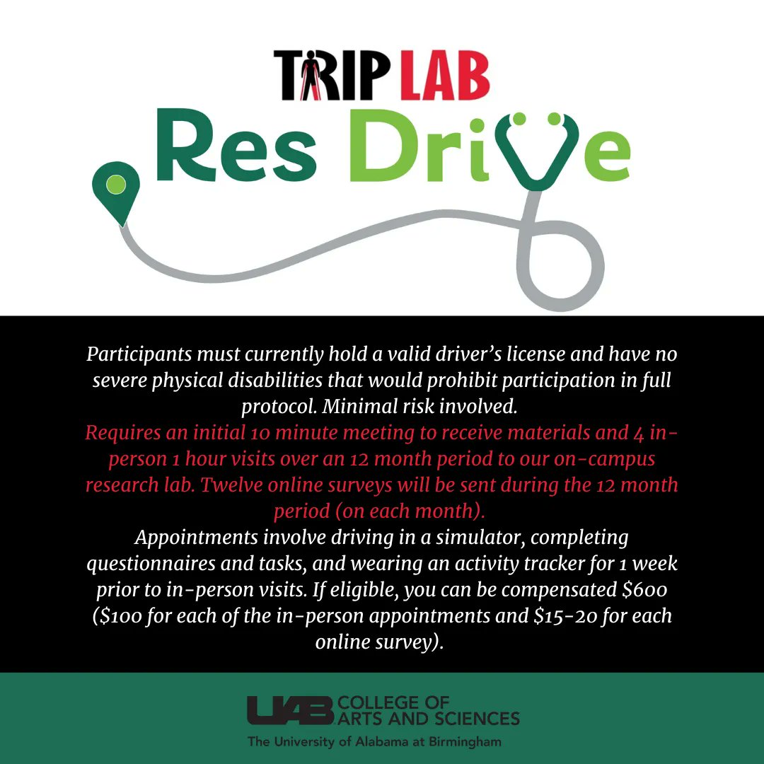 UABTRIPLAB's tweet photo. We are currently recruiting surgical residents for a 12-month study on how occupational factors, such as the demands of residency, affect driving. If you are interested in participating in this study, Call 205-975-9440 or email bmcmanus@uab.edu  #research #MedicalStudent #UAB https://t.co/qVlEXO0bgq