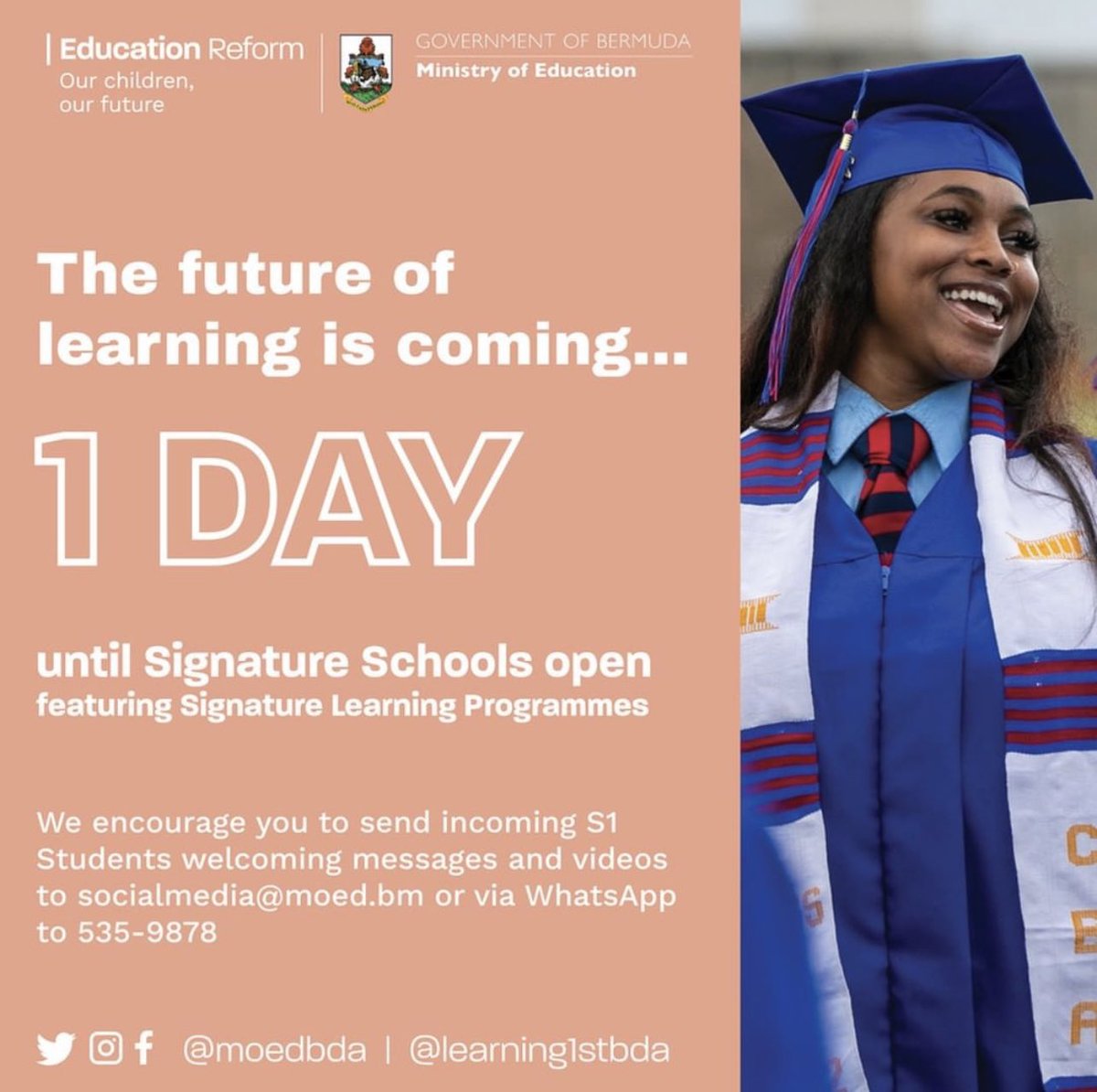 learning1stbda's tweet image. It’s happening tomorrow! We encourage you to send our incoming S1 Students welcoming messages &amp;amp; videos to socialmedia@moed.bm or via WhatsApp to 535-9878. #learningfirstbda