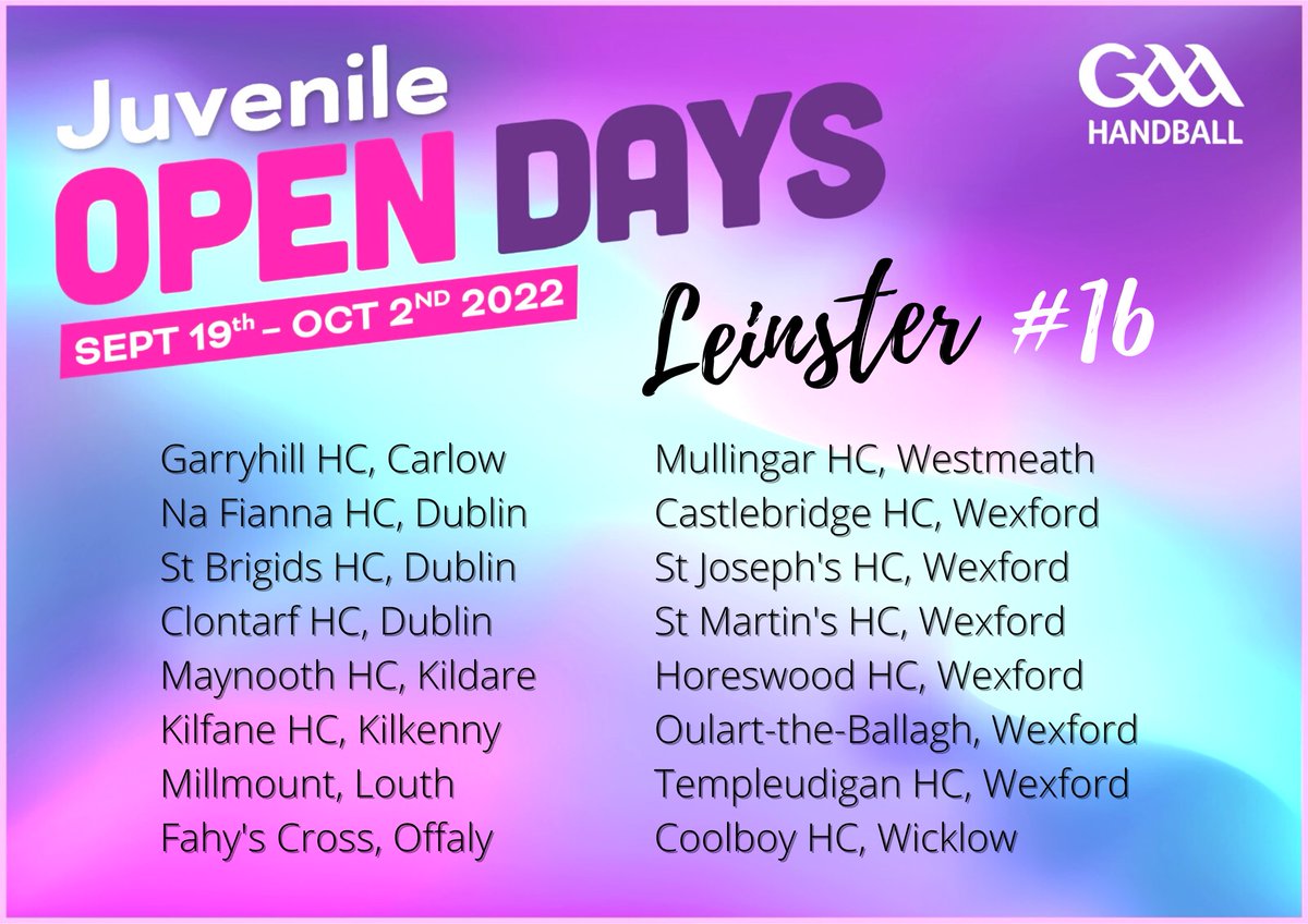 GAA_Handball's tweet photo. 46 𝗝𝘂𝘃𝗲𝗻𝗶𝗹𝗲 𝗢𝗽𝗲𝗻 𝗗𝗮𝘆𝘀 will take in GAA Handball Clubs nationwide in the coming weeks. Check our list for a Club near you!

For further details on specific Club Open Days (dates/times/ages), check out the individual Clubs social media pages. https://t.co/WCvkHItvMe