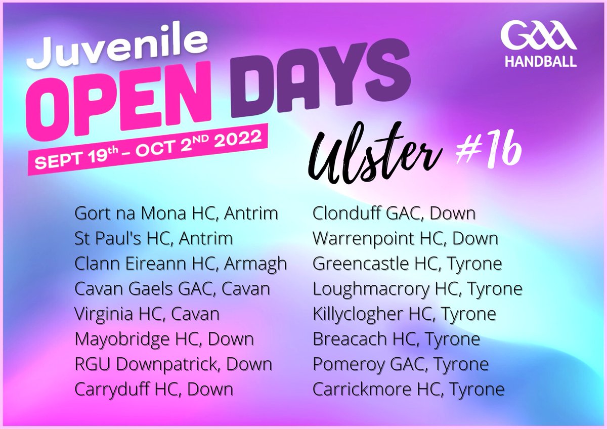 GAA_Handball's tweet photo. 46 𝗝𝘂𝘃𝗲𝗻𝗶𝗹𝗲 𝗢𝗽𝗲𝗻 𝗗𝗮𝘆𝘀 will take in GAA Handball Clubs nationwide in the coming weeks. Check our list for a Club near you!

For further details on specific Club Open Days (dates/times/ages), check out the individual Clubs social media pages. https://t.co/WCvkHItvMe