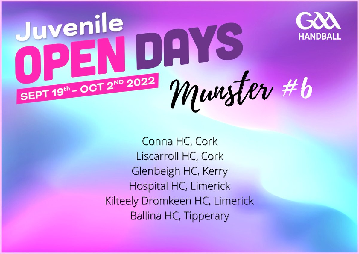 GAA_Handball's tweet photo. 46 𝗝𝘂𝘃𝗲𝗻𝗶𝗹𝗲 𝗢𝗽𝗲𝗻 𝗗𝗮𝘆𝘀 will take in GAA Handball Clubs nationwide in the coming weeks. Check our list for a Club near you!

For further details on specific Club Open Days (dates/times/ages), check out the individual Clubs social media pages. https://t.co/WCvkHItvMe