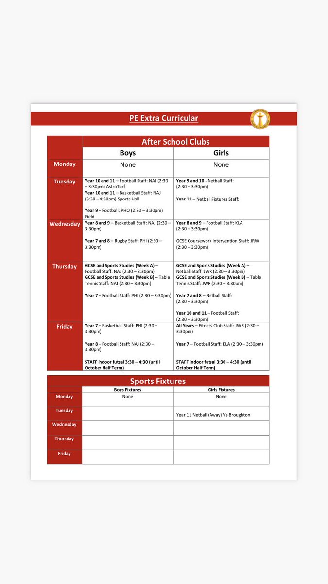 Here’s all the extra-curricular clubs and sports fixtures for this week WC: 12-09-22