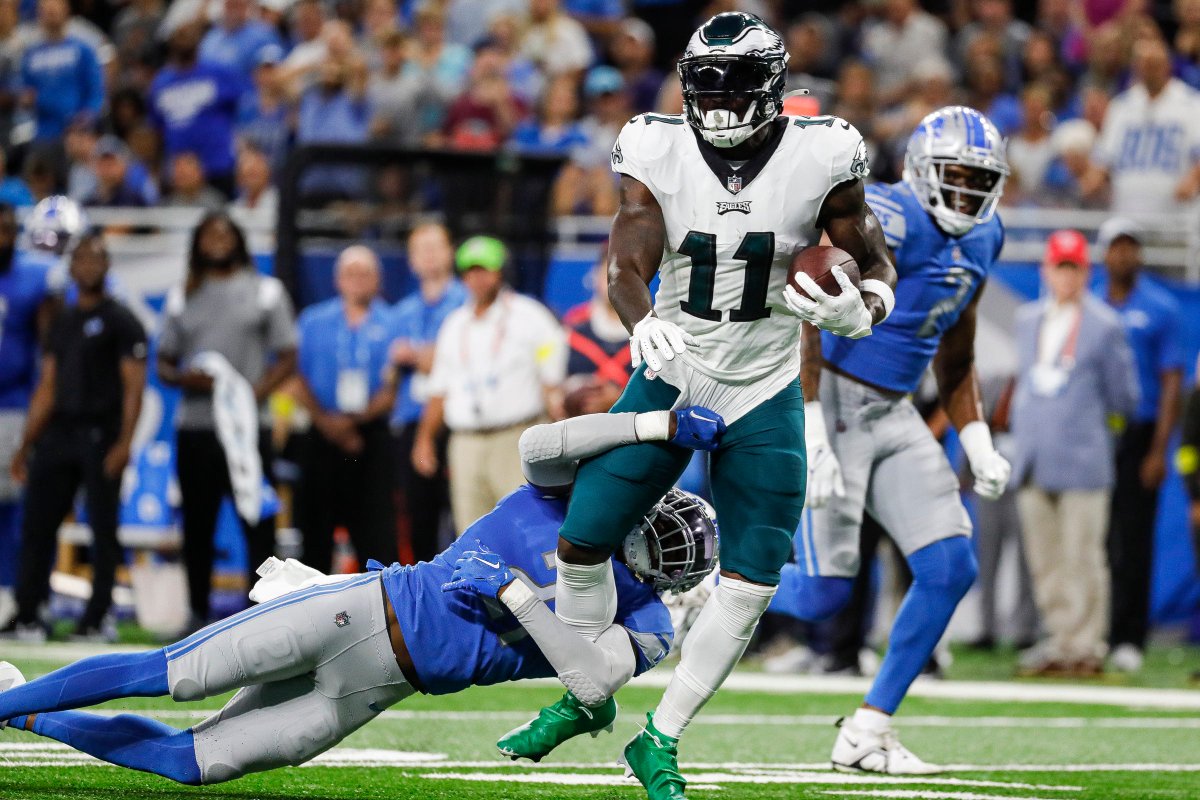 SportsRadioWIP's tweet photo. FIRST DOWN. EAGLES WIN. 

1-0. 

A.J. Brown with 155 receiving yards in his Eagles debut. https://t.co/clWsfa987Q