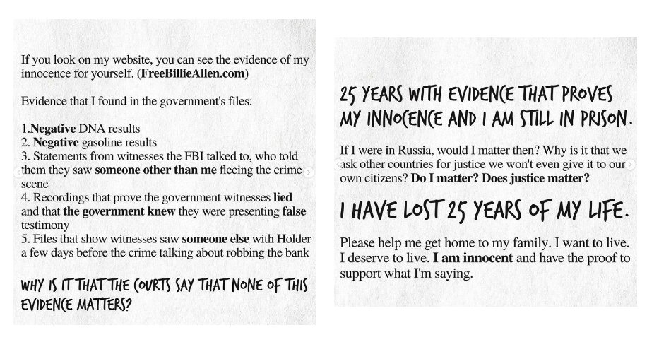 As well as writing to Billie Allen, I am sharing his story on here because injustices like this make my skin crawl & they SHOULD NOT happen. Please read this & share the wrongful conviction of Billie Allen. Nobody gains from a wrongful conviction, nobody. #freebillieallen