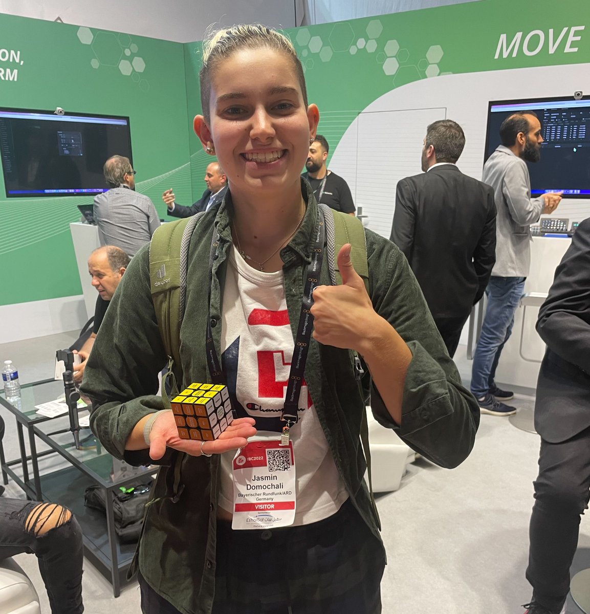 TVUNetworks's tweet photo. A new Rubik's Cube champion at @ibcshow today! Congrats to @JDomochali from @bayerischer_rundfunk in Germany for solving such a complex Rubik's Cube! €200 Amazon gift card for you! You are our 4th winner! https://t.co/KOQl9nRVER