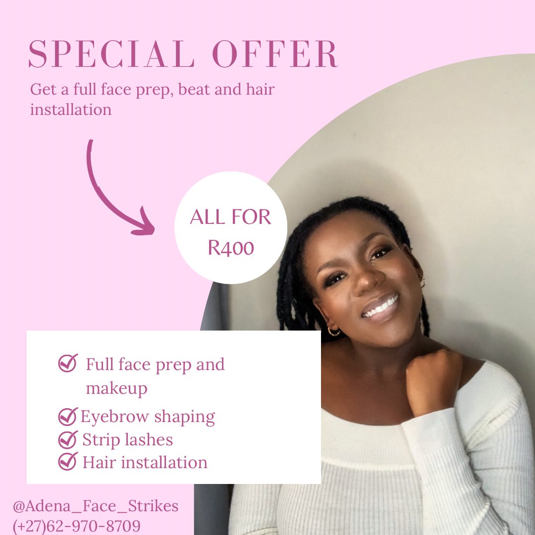 AdenaFaceStrike's tweet photo. Last big special for the year! Special for a period of 2 months, i.e., September and October 2022. 
Ps: I work ONLY on Saturdays and Sundays. Extra 30% charge for midweek bookings (17h00-late).
#BloemTwitter #Bloemfontein https://t.co/MLXZrkYv15