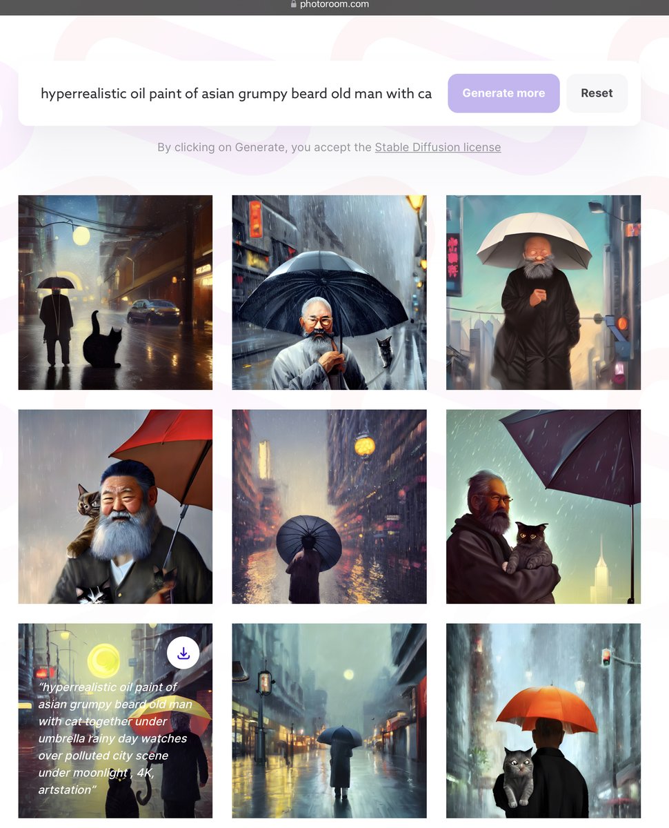 jimmygunawanapp's tweet photo. #stablediffusion #AIBackgroundGenerator Bearded Old Man and Cat under umbrella has mysterious aura. It generates comics with similar seed composition. https://t.co/m7jMG7bPft
