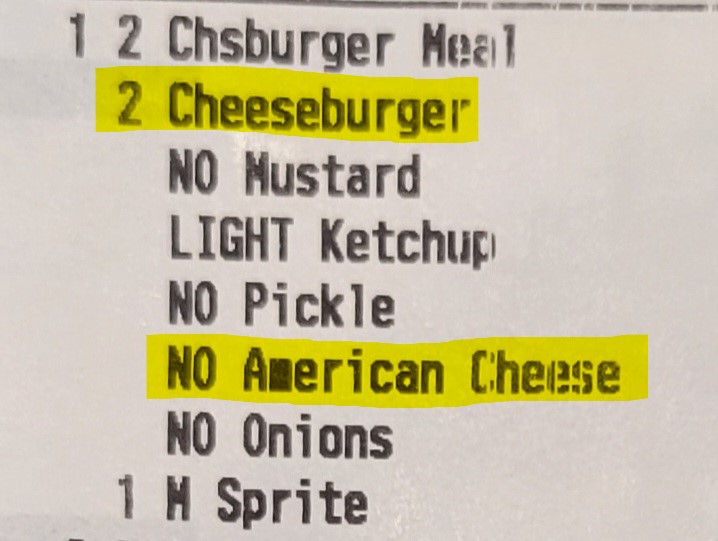 RangerADM's tweet photo. Ordering from the @McDonalds kiosk can be a struggle when you're a boomer! I was aiming for 2 cheeseburgers w/ketchup only, but ended up with 2 cheeseburgers with no cheese &amp; ketchup only! #orderfail 🤦😂 https://t.co/BzXNqIRnpZ