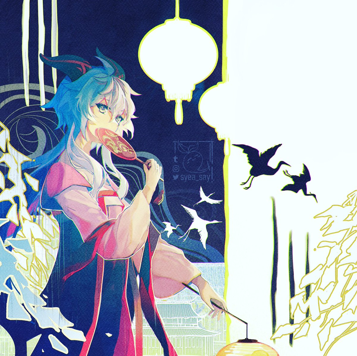 ganyu (genshin impact) 1girl horns lantern blue hair long hair holding solo  illustration images