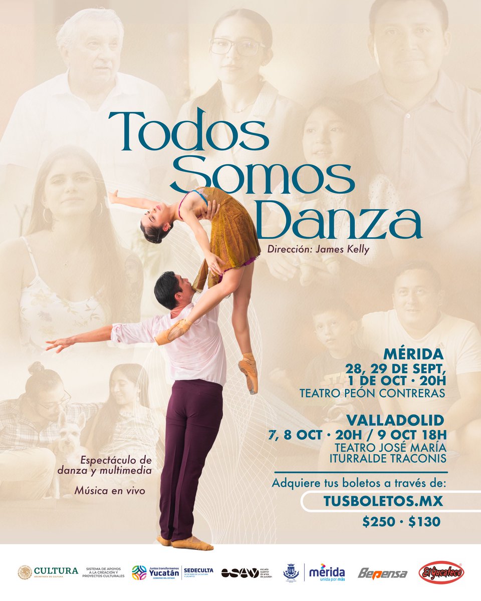 Todos Somos Danza, proyecto de danza y multimedia apoyado por el programa de Coinversiones de <a href="/cultura_mx/">Secretaría de Cultura</a> Mérida y Valladolid. Gracias al apoyo de <a href="/MeridaCultura1/">Mérida Cultura</a> y <a href="/SedecultaYuc/">Sedeculta</a> <a href="/FundBepensa/">Fundación Bepensa</a> <a href="/ElYucateco/">El Yucateco</a> <a href="/SuperAkiMx/">SuperAkiOficial</a> Boletos aquí: tusboletos.mx/eventos/todos-…