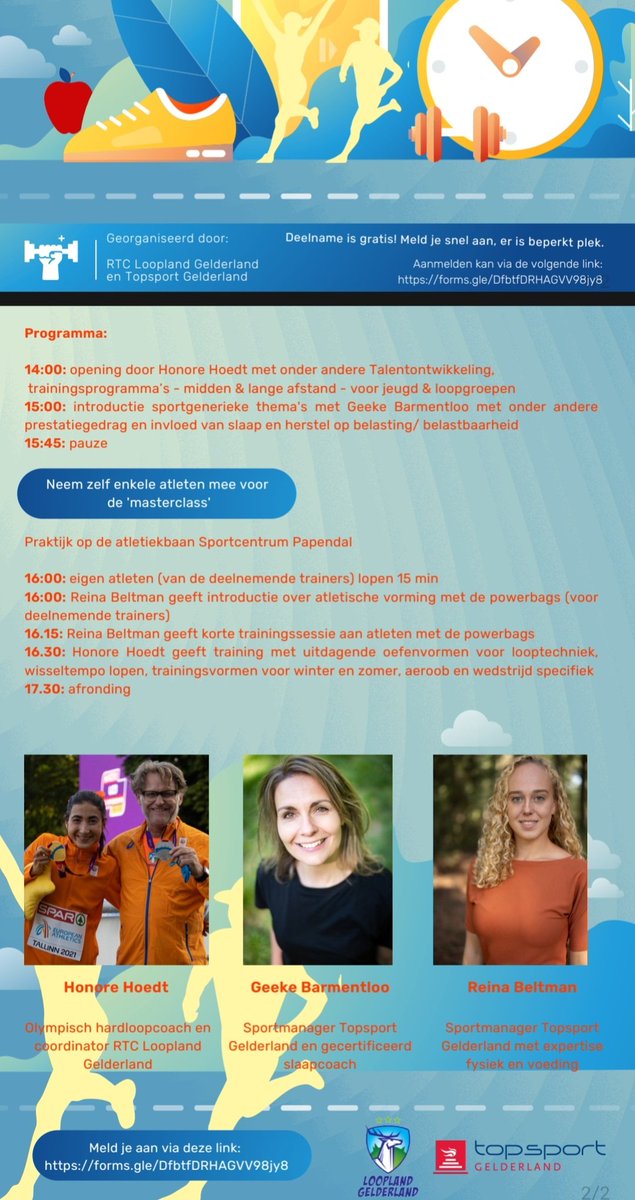 Meld je aan voor de bijscholing op Papendal voor (loop)trainers door o.a. olympisch coach Honore Hoedt. Presentatie met trainingsprogramma's en praktijk op de baan voor trainers van jeugd tot top! I.s.m. Topsport Gelderland worden diverse thema's besproken
forms.gle/ZKUws9CX7zDtj6…