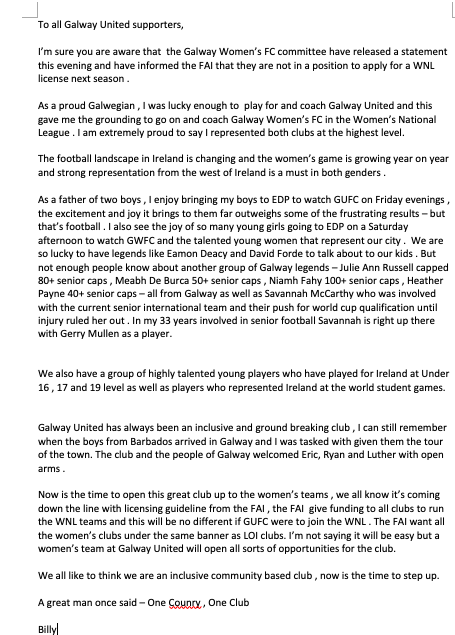 <a href="/declanvarley/">Declan Varley</a> <a href="/wnl/">wnl</a> <a href="/acunnane10/">Alanna Cunnane</a> <a href="/GalwayUnitedFC/">Gaillimh Aontaithe 🇱🇻</a> <a href="/declanvarley/">Declan Varley</a> <a href="/Mulliganj/">John Mulligan</a> <a href="/CloHiggins/">Cllr. Clodagh Higgins</a> <a href="/mariecrowe/">Marie Crowe</a> <a href="/LoiWomen/">LOI Women</a> <a href="/FlirtFMSport/">FlirtFMSport</a> <a href="/gbfmsports/">Galway Bay FM Sport</a> <a href="/johngosullivan/">johngosullivan</a> <a href="/FinalWhistleIE/">FinalWhistle.ie</a> <a href="/oconnc62/">Cian O'Connell</a> <a href="/offtheball/">Off The Ball</a> <a href="/mickoshea100/">womensSOCCERphotos</a> <a href="/HerSportDotIE/">Her Sport</a> <a href="/JFallonExaminer/">John Fallon</a>