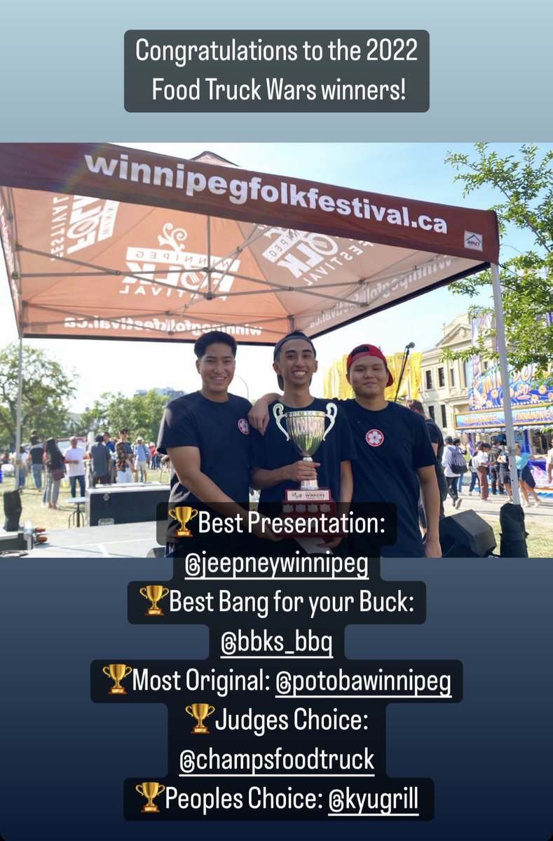 Congratulations to the 2022 Food Truck Wars winners!

🏆Best Presentation: Jeepney Food Truck 
🏆Best Bang for your Buck: BBKs BBQ
🏆Most Original: Potoba
🏆Judges Choice: Champs Food Truck 
🏆Peoples Choice: <a href="/KyuGrill/">KYU GRILL</a> 

Thanks to everyone who took the time to vote! 

#manyfest