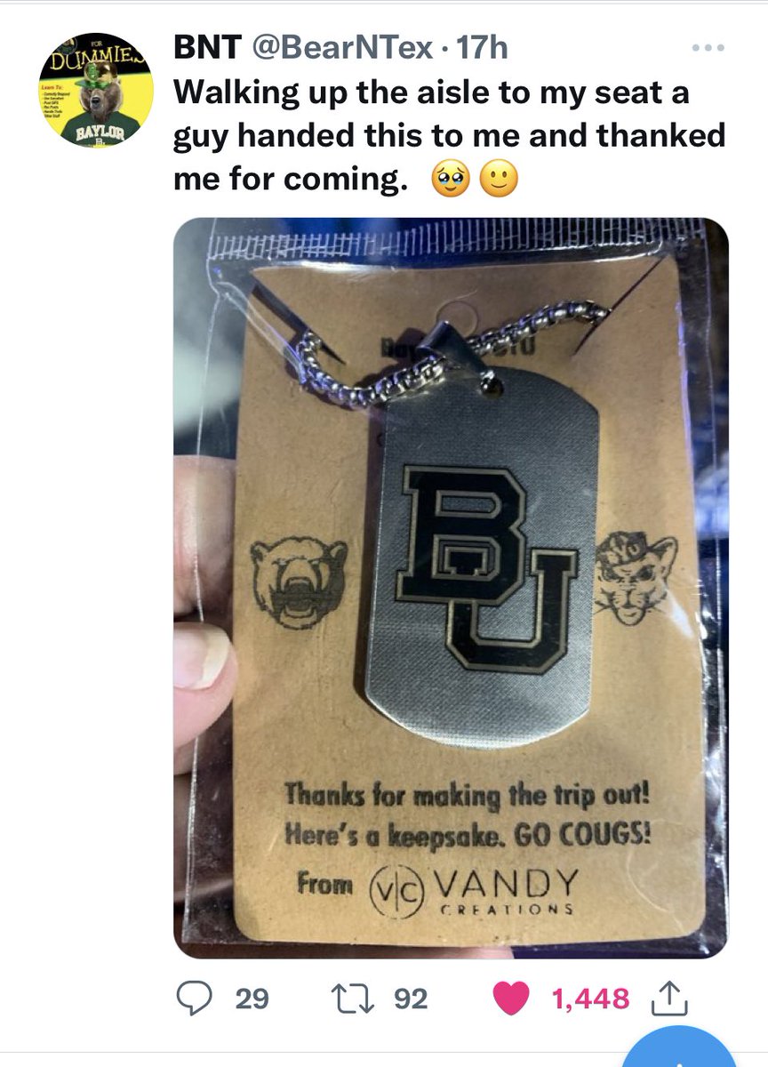 I’m scrolling through this awesome Baylor fan’s tweets and getting emotional over here. 
Kindness, respect and good sportsmanship all around. Love to see it!! 💙 #GoCougs #SicEm, Bears
