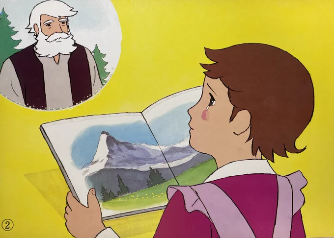 #森康二 さんの紙芝居作品②『アルプスのしょうじょ 後編』(1994年 教育画劇)アルムの絶景は厚塗ですが、フランクフルトや山小屋内は鉛筆線を活かした水彩。背景の様式にもこだわりが感じられます。哀しい顔のハイジ、ツインテール風のクララと美人のロッテンマイヤーさんも森さんらしい上品さ。 