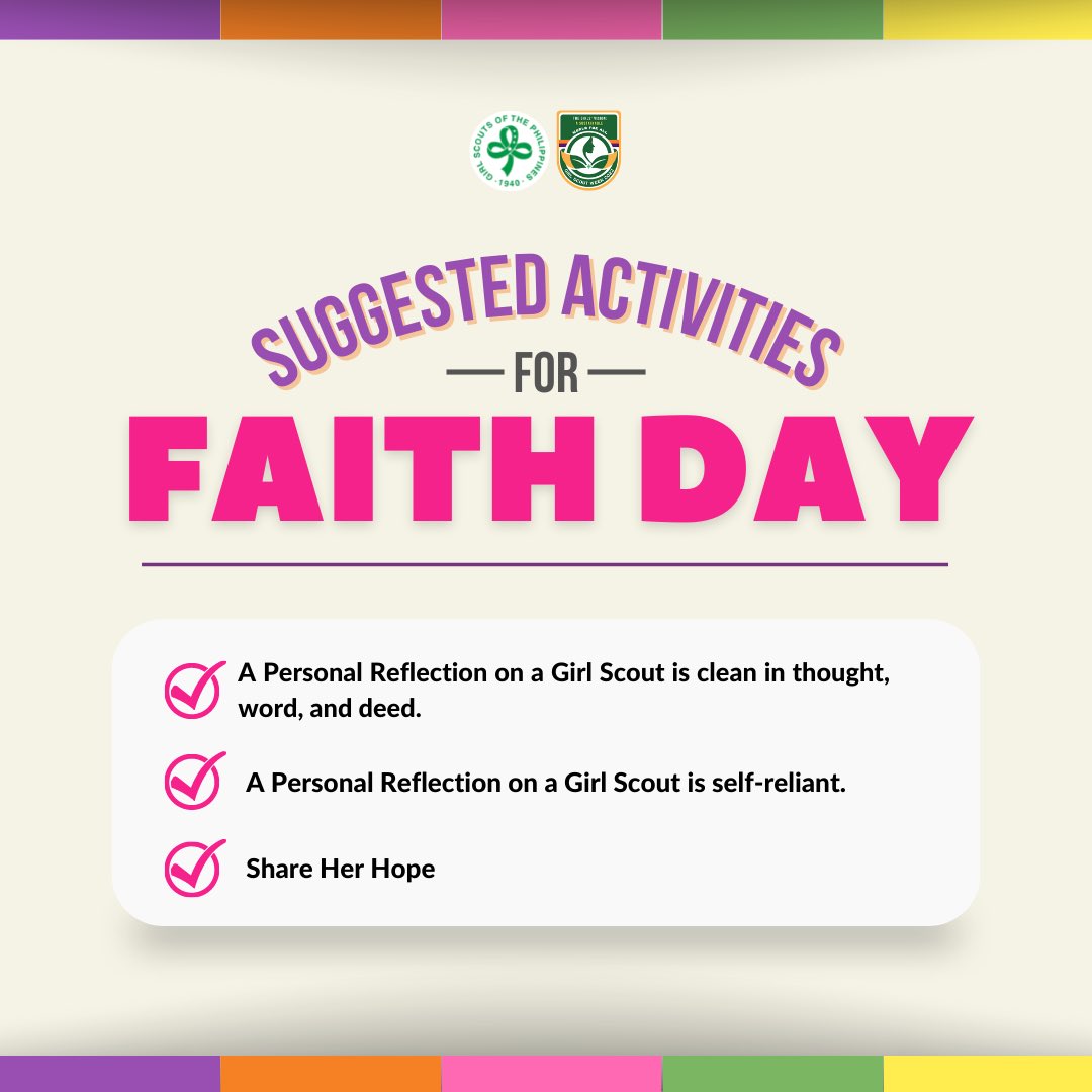 GirlScoutsPH's tweet photo. Yesterday was Faith Day!✨It is never too late to celebrate, right girls?

Take a look at these suggested activities you can do to celebrate Faith Day!💯🤩 

#FaithDay
#GSWeek2022
#GirlScoutsPH https://t.co/lLSVbrylLg