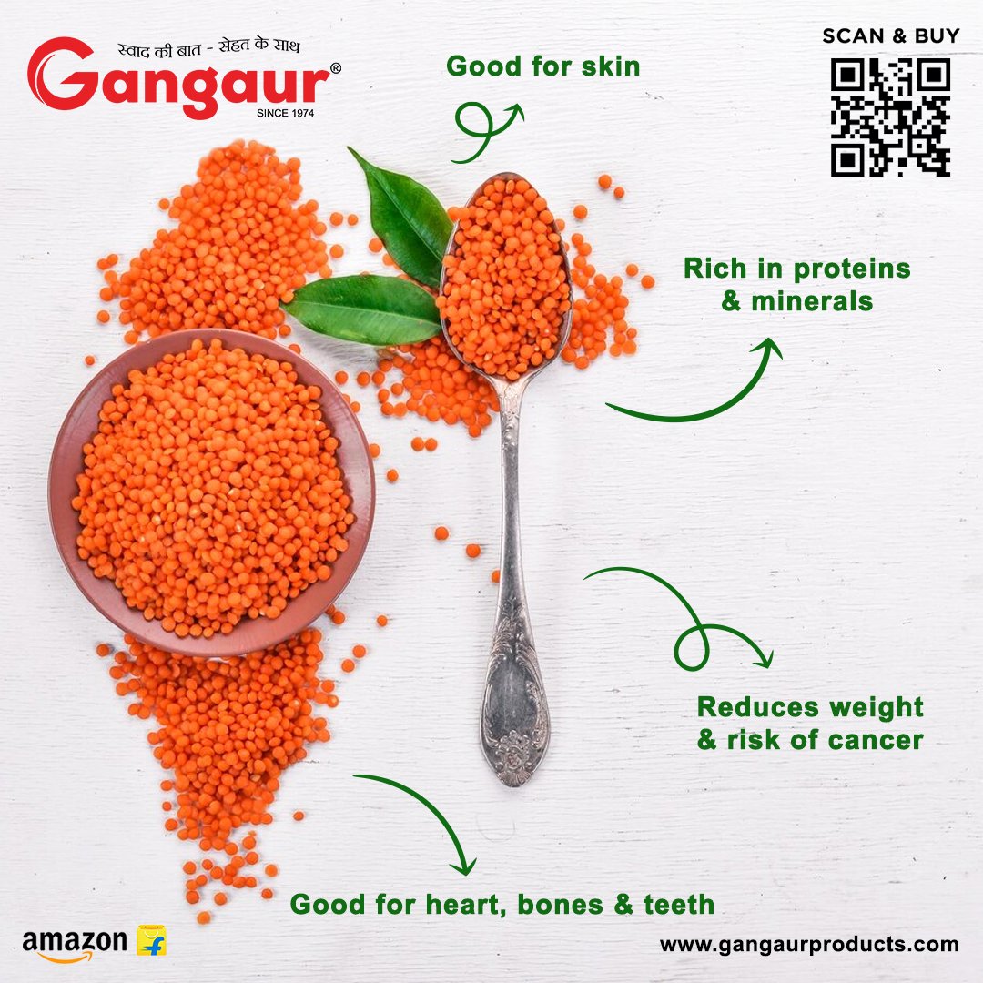 Gangaurproducts's tweet photo. Benefits of Red Lentils :
β
Good for skin
β
Rich in proteins & minerals
β
Reduces weight & risk of cancer
β
Good for heart, bones & teeth
#gangaurproducts #redlentils #lentil #proteins #minerals #reducesweight #reducesriskofcancer #goodforheart #goodforbones #amazon https://t.co/cYY5s9wRgE