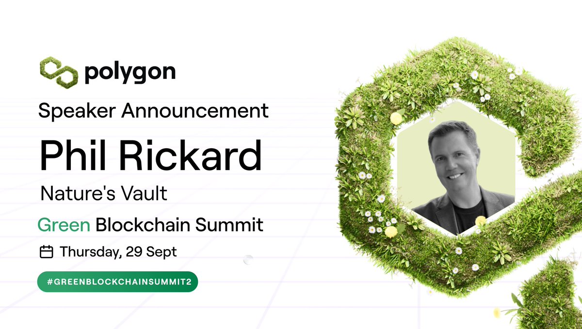 RickardPhil's tweet photo. Thrilled to be speaking at #GreenBlockchainSummit2, a virtual event organized by @0xPolygon. A chance to hear the latest from innovators currently building with blockchain to create sustainability solutions! Join me &amp; others on Sept 29. Register now at https://t.co/hgNKc3N80t https://t.co/slN5DlFODR