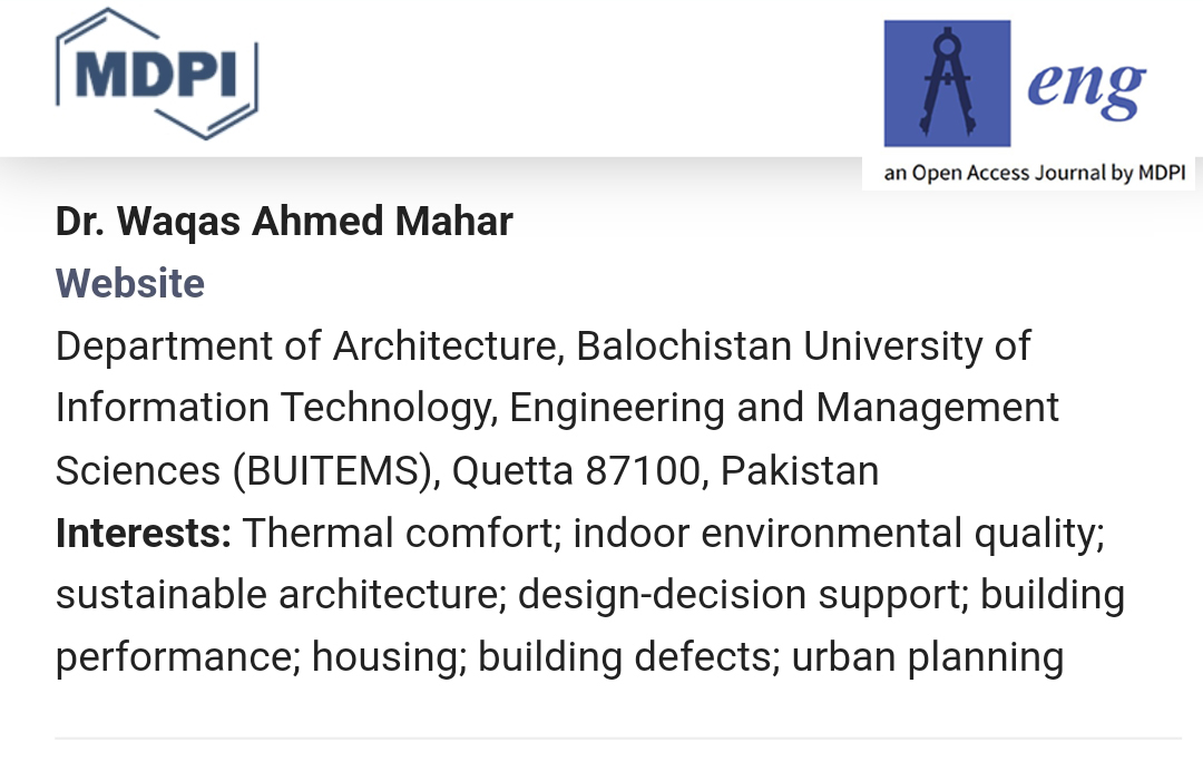 architectwaqas's tweet image. I am pleased to join the Reviewer Board of Eng Journal published by MDPI.

#MDPI #Buildings #MDPIEng #ReviewerBoard #OpenAccess #Architecture #Eng #BuildingMaterials #CivilEngineering #constructionmanagement #Buildingphysics #BUITEMS #Pakistan #Quetta #Switzerland #architectwaqas