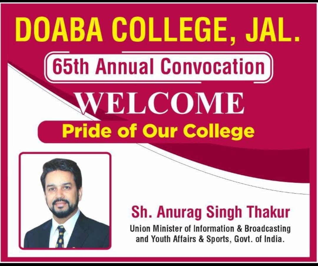 CBCJalandhar's tweet photo. Union Minister of @MIB_India and @IndiaSports Sh. #AnuragThakur to attend the 65th #AnnualConvocation of #DoabaCollege as Chief Guest in #Jalandhar #Punjab on #September 20, 2022.
@dcj_official @DDChandigarh @PIB_India @PIBChandigarh  @PIBShimla @JalandharDdk @CBC_Chandigarh https://t.co/DMutsi8Hn6