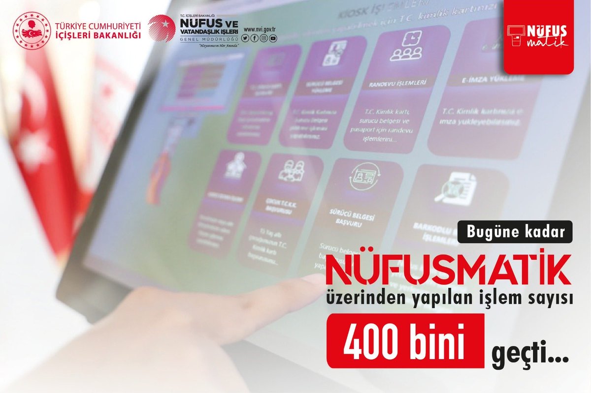 Nüfus müdürlüklerindeki işlemlerinizi kolaylaştırmak ve zaman tasarrufu sağlamak amacıyla hizmetinize sunulan Nüfusmatiklerimiz aracılığıyla birçok işlemi güvenli bir şekilde gerçekleştirebilirsiniz. ✅

Detaylı bilgi için 👉 nvi.gov.tr/nufusmatik-sss 

#HayatınızınHerAnında