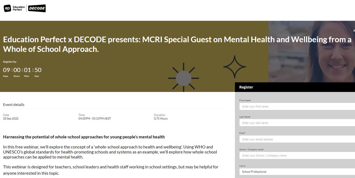 CforAH's tweet photo. If you’re interested in learning more about how schools can support students’ #mentalhealth &amp; build their resilience... 

You're invited to join this FREE webinar presented by Dr Monika Raniti. 

2x dates - 28 Sep, 4.30pm OR  12 Oct,  4pm AEDT

Read more: https://t.co/RLe5bLU02w https://t.co/1KhP4bNE3I