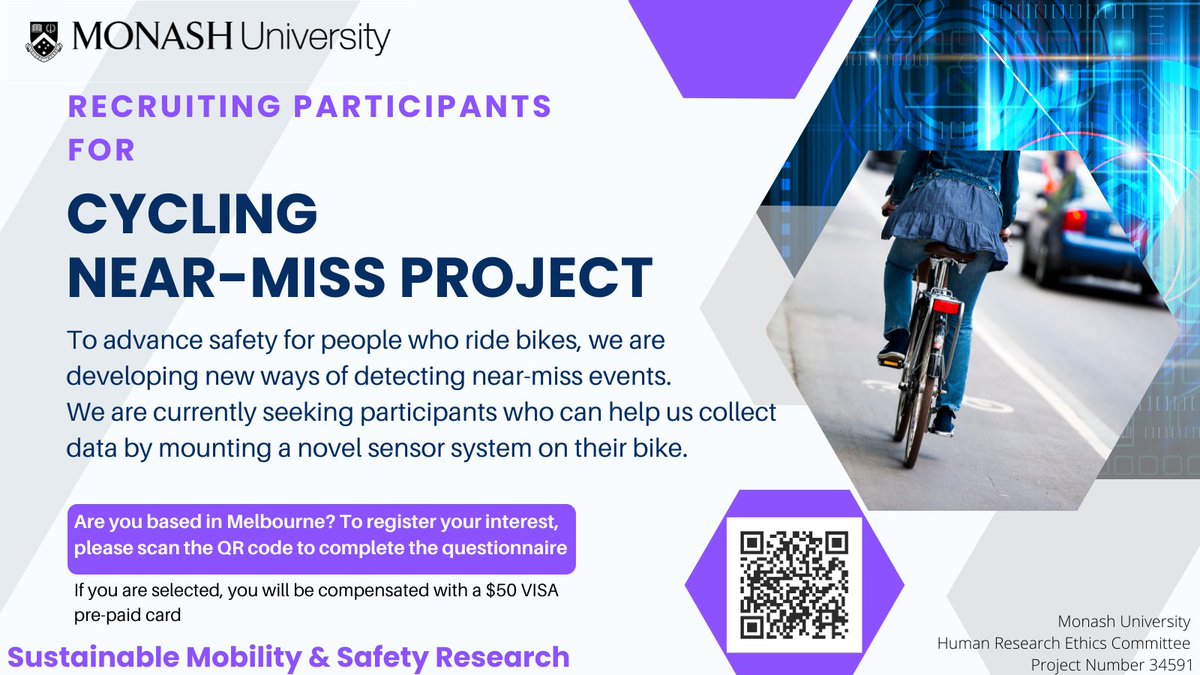 We are recruiting Melbourne-based participants who can help us collect near-miss events by mounting a novel sensor system on their bike!

If you are based in Melbourne and interested in contributing, please complete this questionnaire: monash.az1.qualtrics.com/jfe/form/SV_di…

PLEASE SHARE!