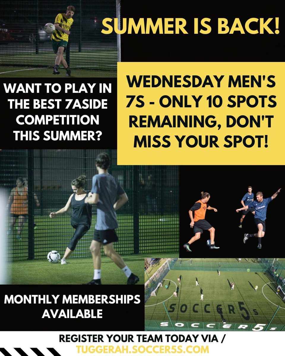 ONLY 10 SPOTS REMAINING FOR WEDNESDAY MEN’S 7s ⏳

Want to play in the best 7aside competition this Summer? Don’t miss your chance and sign up now! Spots going quick 🔥

Link in bio 🖇