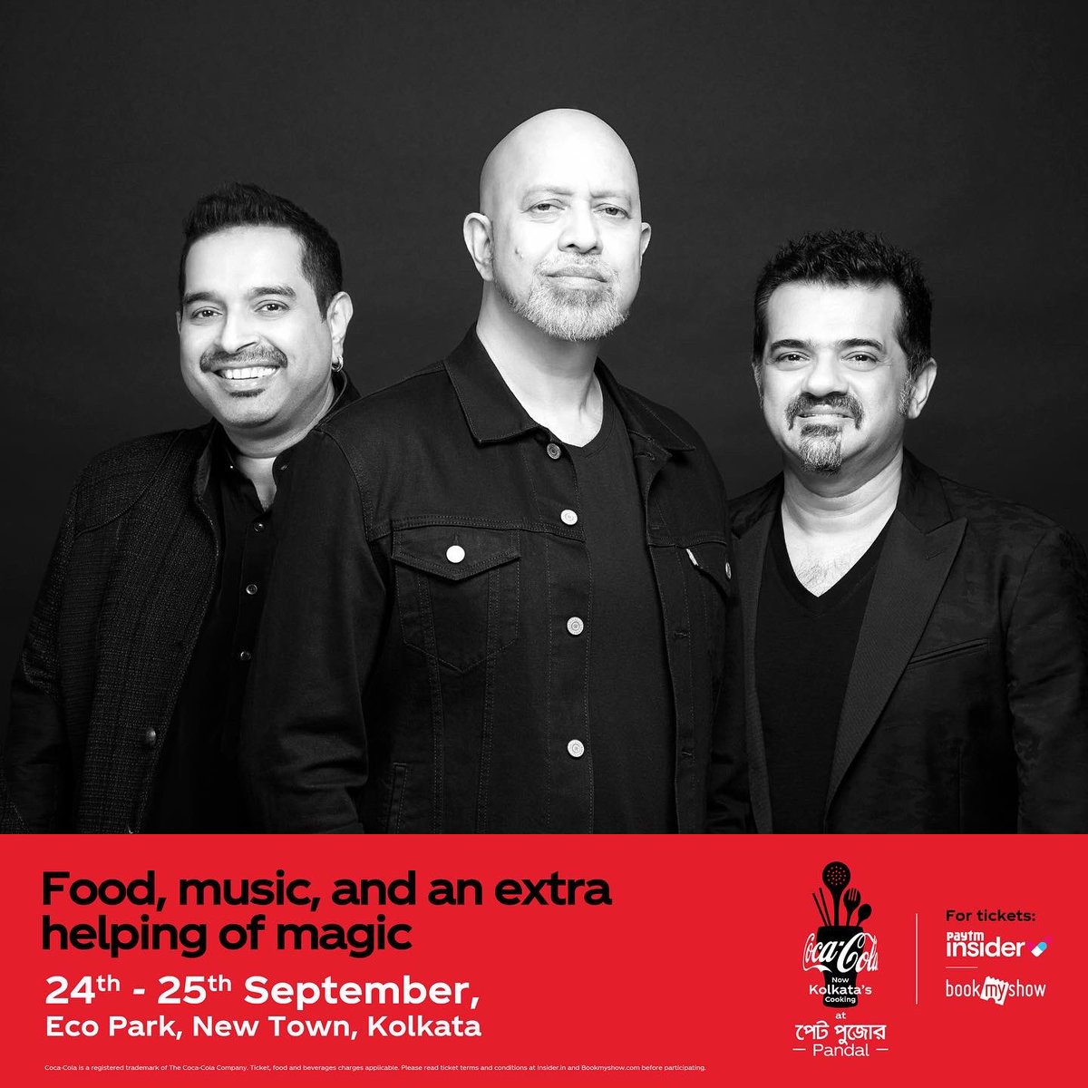 Kolkata we could not be more excited to be part of the #RealMagic #KolkataIsCooking festival #CocaCola See you on the 25th of September At Eco Park, Newtown, Kolkata @cocacola_india @shankar.mahadevan @ehsaan @loymendonsaofficial Tickets available @bookmyshowin @thisisinsider