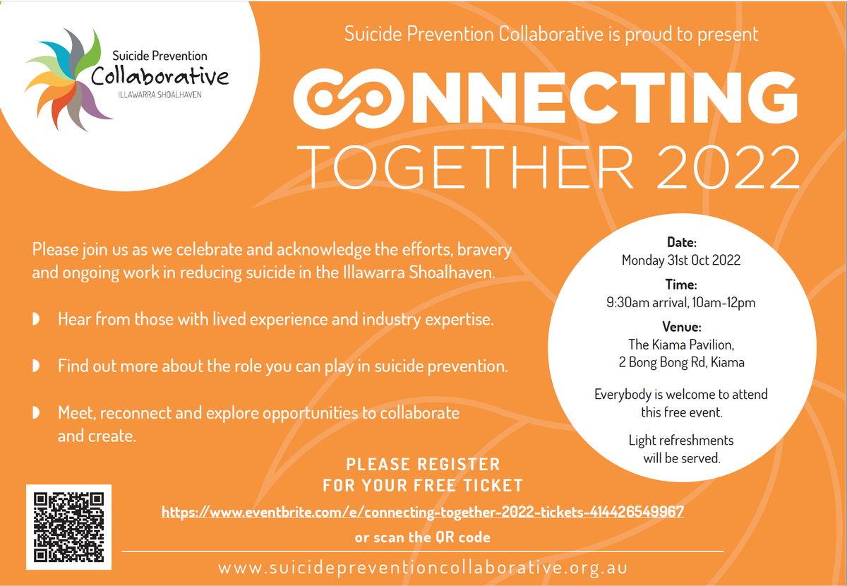 Wonderful opportunity to learn more about how the work of The Collaborative and the role you can play in suicide prevention in the Illawarra Shoalhaven. Be great if you can make it to this in-person event bit.ly/3Shs9RU