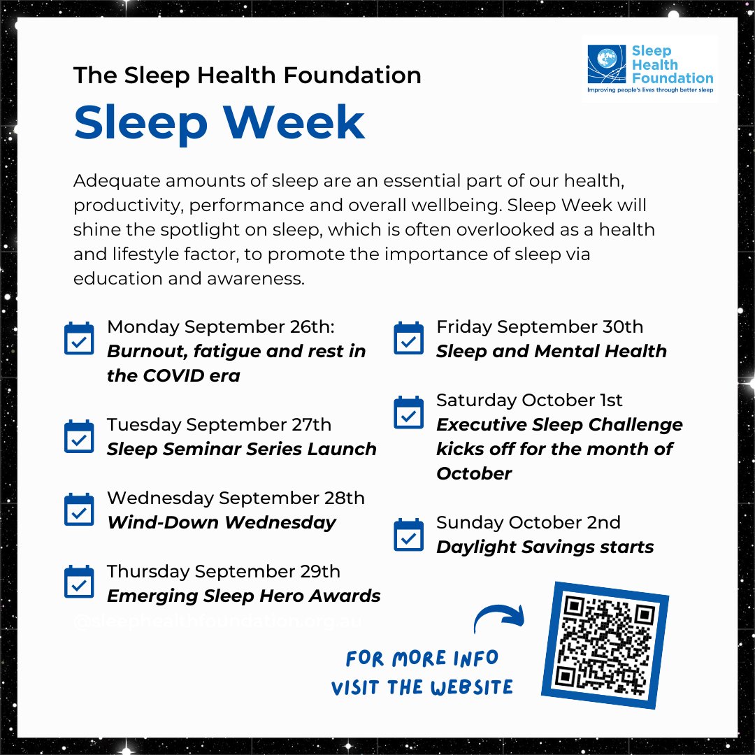 The inaugural Australasian #SleepWeek is now only one week away! Don't forget to register for our three exciting webinars, and keep updated on our educational materials via our website, social channels and newsletter.

Find out more here: sleephealthfoundation.org.au/key-events/sle…