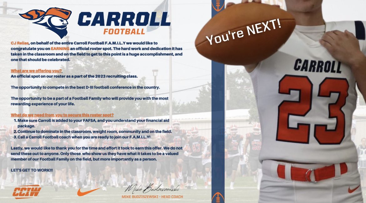 After a great visit and meeting with <a href="/CoachBuddah/">Mike Budziszewski</a>, excited to announce that I have received an offer to <a href="/piofootball/">Carroll U Football</a> <a href="/carrollu/">Carroll University</a>. Thank you <a href="/OLCoach_Ack/">Coach Ken Ackerman</a> and <a href="/CoachHolleyCU/">Garren Holley</a> for the invite. <a href="/BGHITMEN/">Coach Vlk</a>