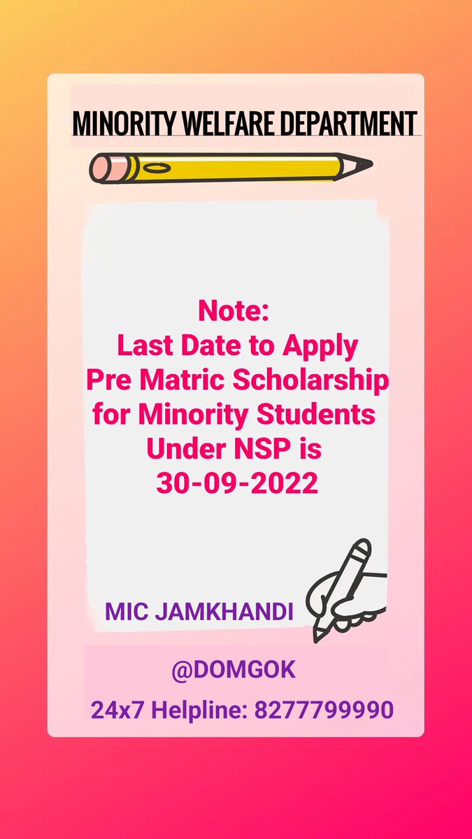 MIC_Jamkhandi's tweet photo. All eligible students are encouraged to apply through the NSP portal before the deadlines. #PreMatric #Scholarship #NSP #MWD
@DOMGOK @Captain_Mani72 https://t.co/J7PN5i1hES