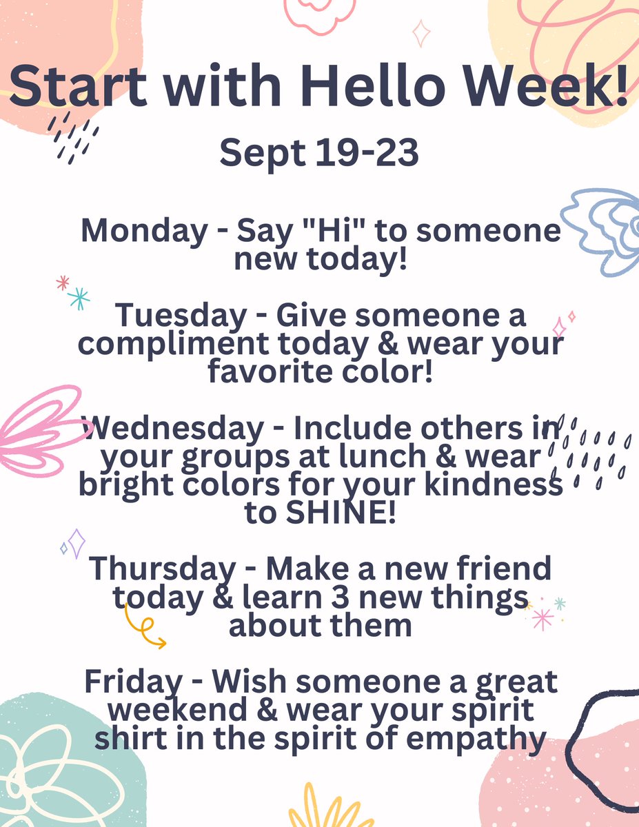 fsmscounseling's tweet photo. Start with Hello Week begins tomorrow!! Say “Hi” to someone new on Monday!! Help our Cubs spread kindness around FSMS!! ⁦@FSMSCubs⁩ #MISDProud https://t.co/RrSKIiUu6L