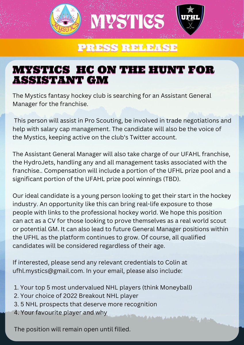 Mystics are on the hunt for an Assistant GM. Please share with anyone who may qualify or be interested. Will the stars align? #fantasyhockey #hockeyjob #nowhiring #SCO #UFHL #UFFS #NHL #hockey #AHL #crypto #NFTs