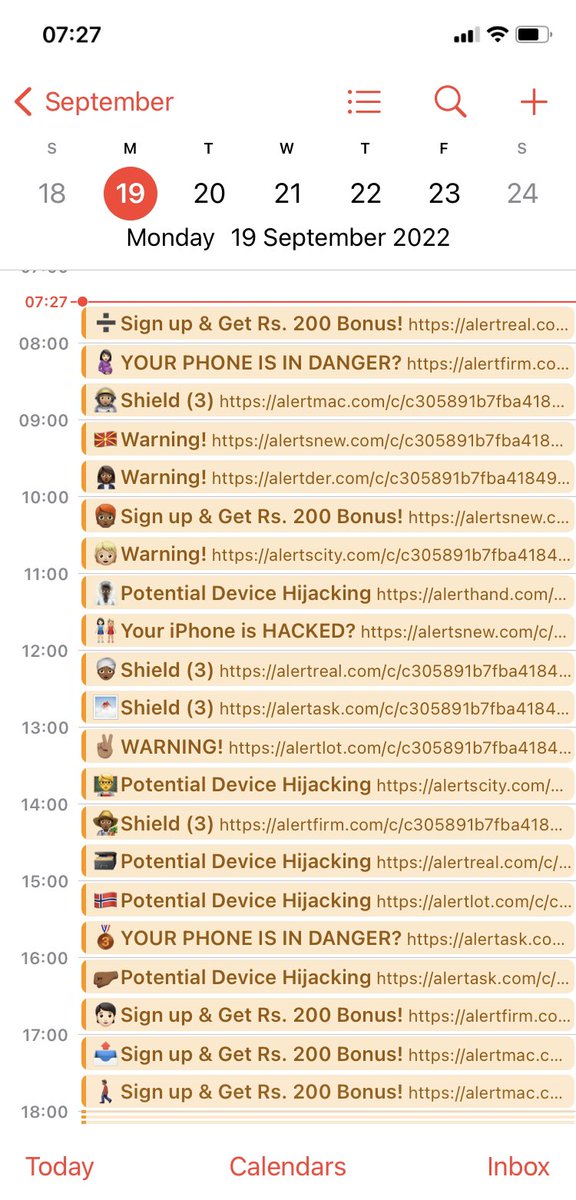 Aasifiqbalpak's tweet photo. Good Morning to Asif Iqbal by the 😋friends
Calendar of my Mobile phone. Don’t click on any of these links if they appear in your mobile calendar
یہ موبائل فون ہیک کرنےکاطریقہ ہےکہ کیلنڈر کے زریعے ایسے لنک بھیجے جائیں کہ آپ پریشان ہوکر کلک کر دیں۔ایسے کسی لنک پر کلک نہیں کرنا👊🏻 https://t.co/lubdJUvGqO