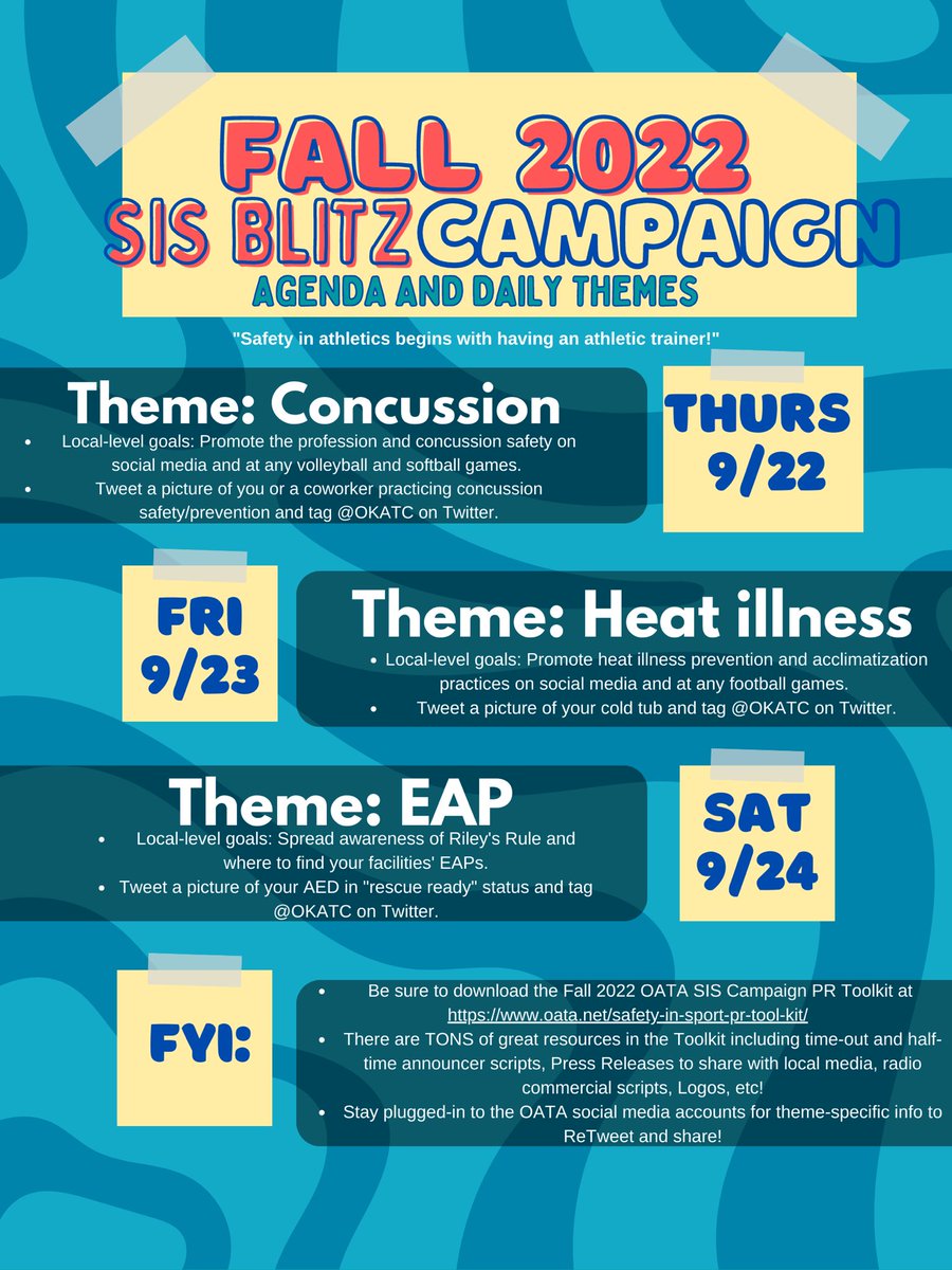 Members: We need your help to make the Fall 2022 OATA Safety in Sports Campaign a success! As a change to our previous 10-day long campaign, we will be having 3-day ”blitz” campaigns in each season to broaden our reach across all sports. Details⬇️⬇️⬇️#OKSafetyinSport