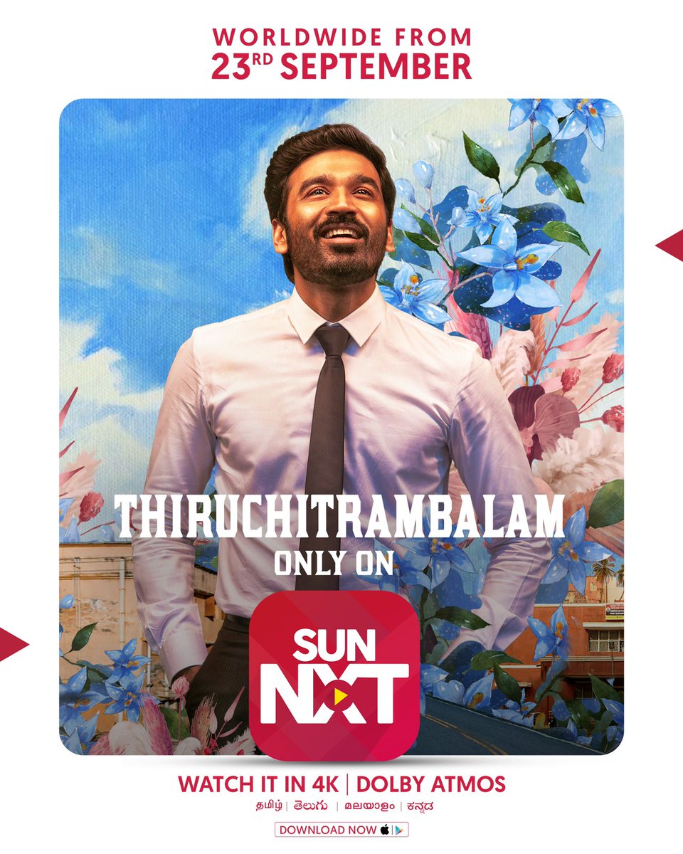 The mega blockbuster #Thiruchitrambalam streaming worldwide in 4K and Dolby Atmos from 23rd Sept only on Sun NXT! #ThiruchitrambalamOnSunNXT @dhanushkraja @anirudhofficial #Bharathiraja @prakashraaj @MithranRJawahar @priya_Bshankar #NithyaMenen #RaashiiKhanna