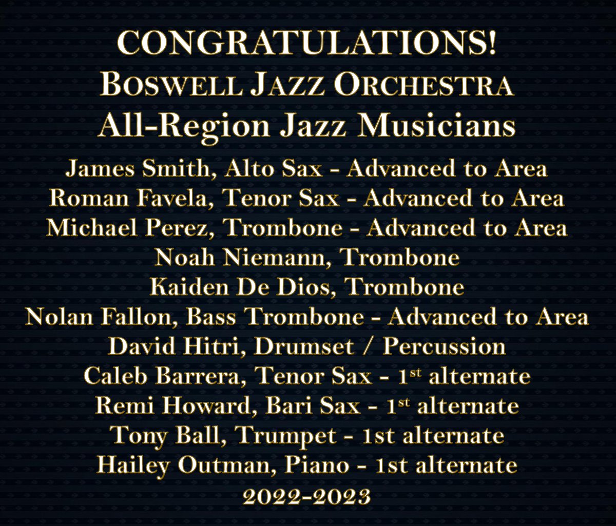 Congratulations to these #BoswellJazz student-musicians who earned spots in the TMEA Region 30 All-Region Jazz Ensemble!!! Additional Congratulations to James, Roman, Michael, &amp; Nolan who advanced to the Area Round of the All-State Jazz audition process!!! #BosProud