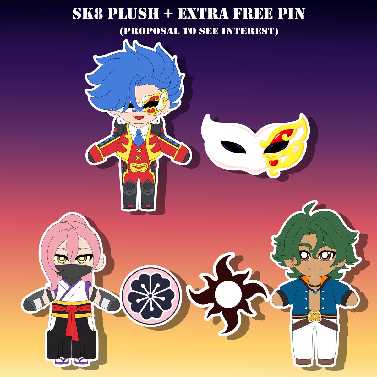 LunaNoctuArts's tweet photo. Hi #SK8THEINFINITY #sk8 Family
I have a proposition for you
If i were to open early bird plush orders for Adam, Cherry and Joe, with a bonus pin with your order, how many of you would go for it?

If I get enough interest in this I'll do it
Retweets are appreciated https://t.co/xbqwC14gtx