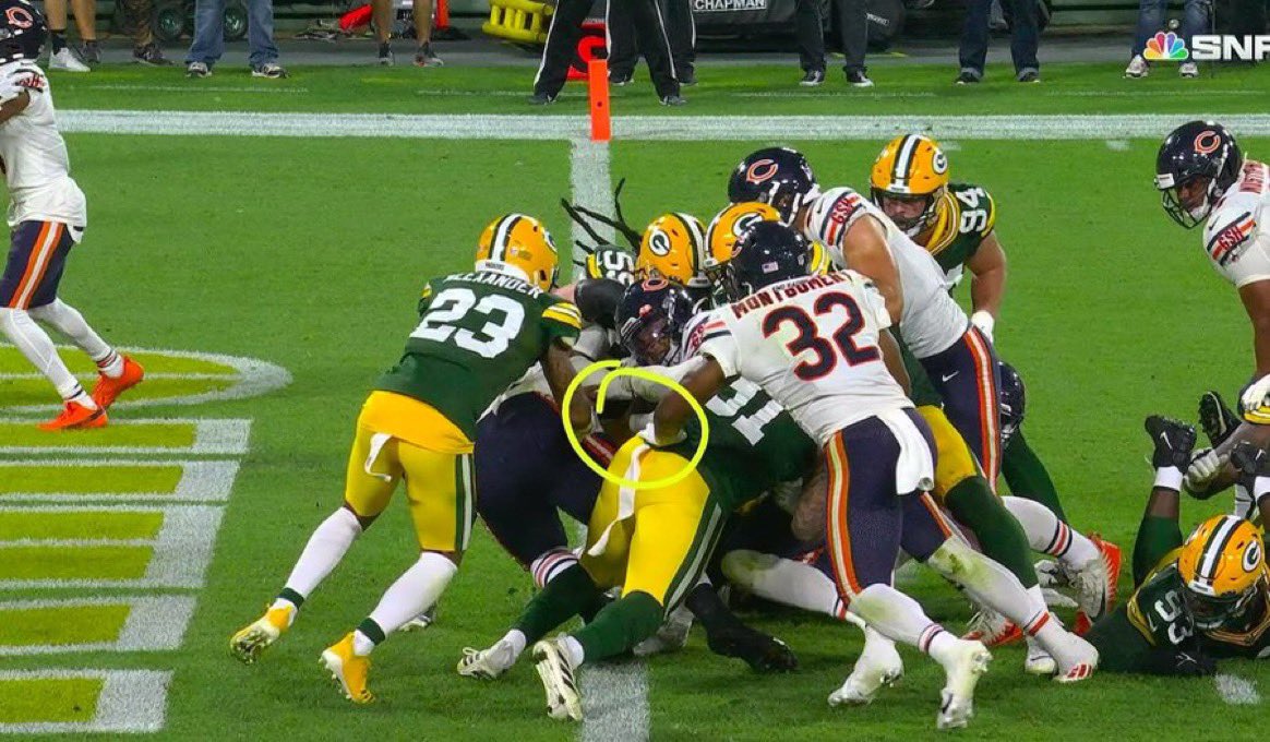 “We think it’s a TD, it looks like a TD, we’ve even circled the ball showing it’s a TD…but it just isn’t clear and obvious enough to call it one” #CHIvsGB