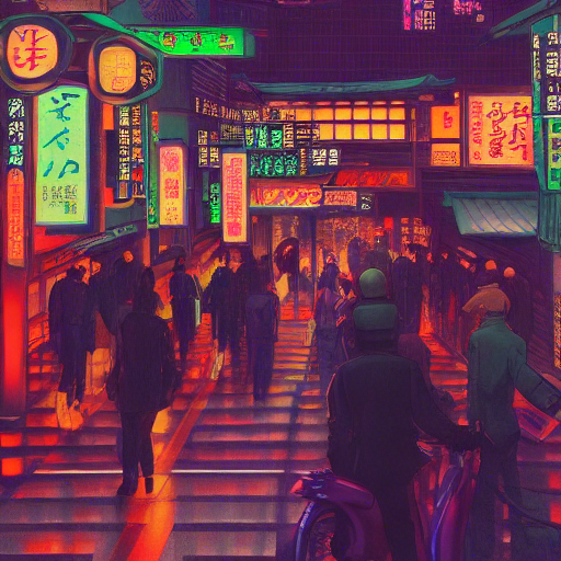 This should be the new way to teach art history: 'a dimly lit alcove in tokyo, futuristic, vaporwave neon, yakuza, motorcycles, pedestrians, crowded, a painting by Camille Bombois'